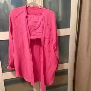 Aerie Bright Pink Textured Shirt and Shorts